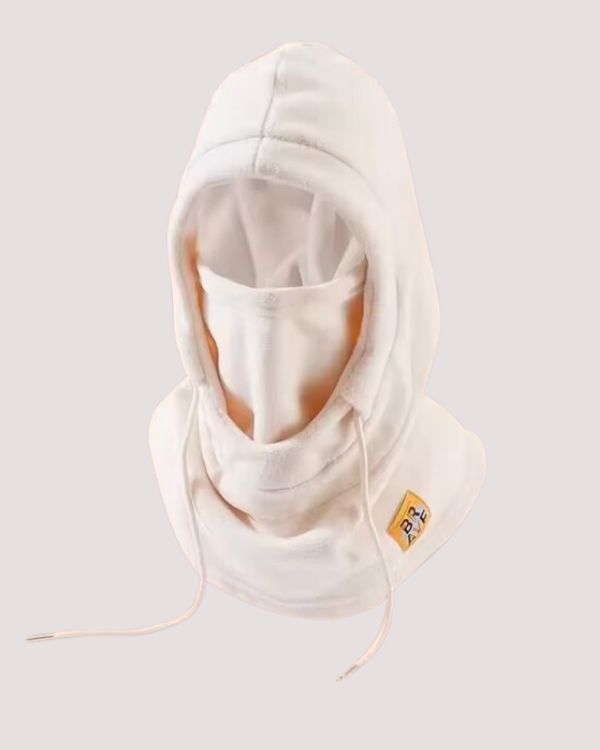 Creme-weisse Fleece Sturmhaube Wintermuetze mit Maske und Nackenschutz 