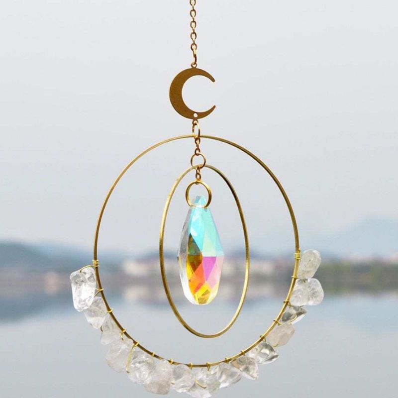 DyNec Sonnenfänger Mond & Sterne – Mit Amethyst-Kristall, Goldener Kette, Für Fenster & Garten