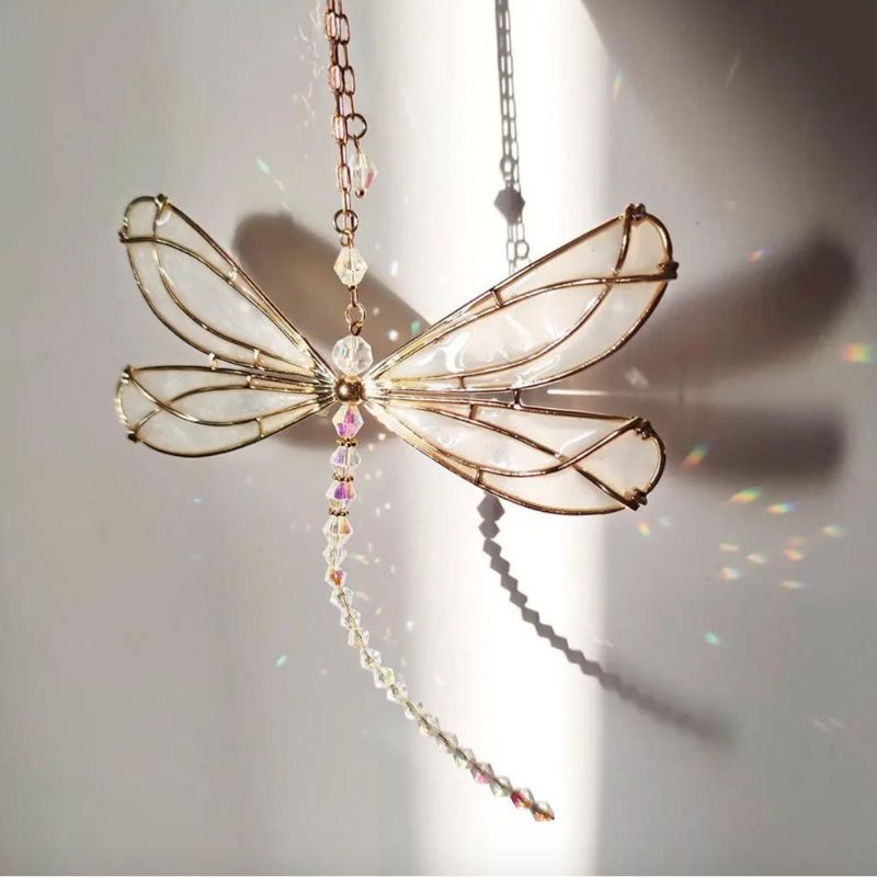 Suncatcher Sonnenfänger mit Libellen Symbol in gold weiss - Magisches Sonnenspiel 