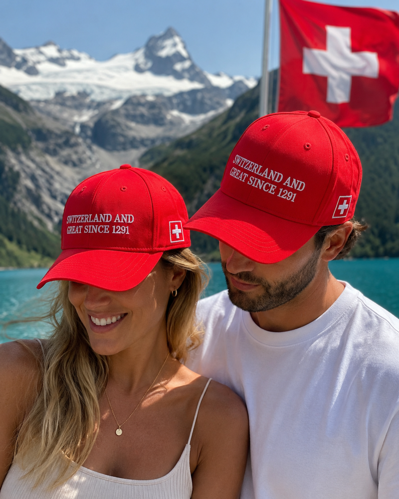 Switzerland Great Since 1291 Cap in Rot mit weisser Stickerei | Swiss Baseball Cap für Damen und Herren