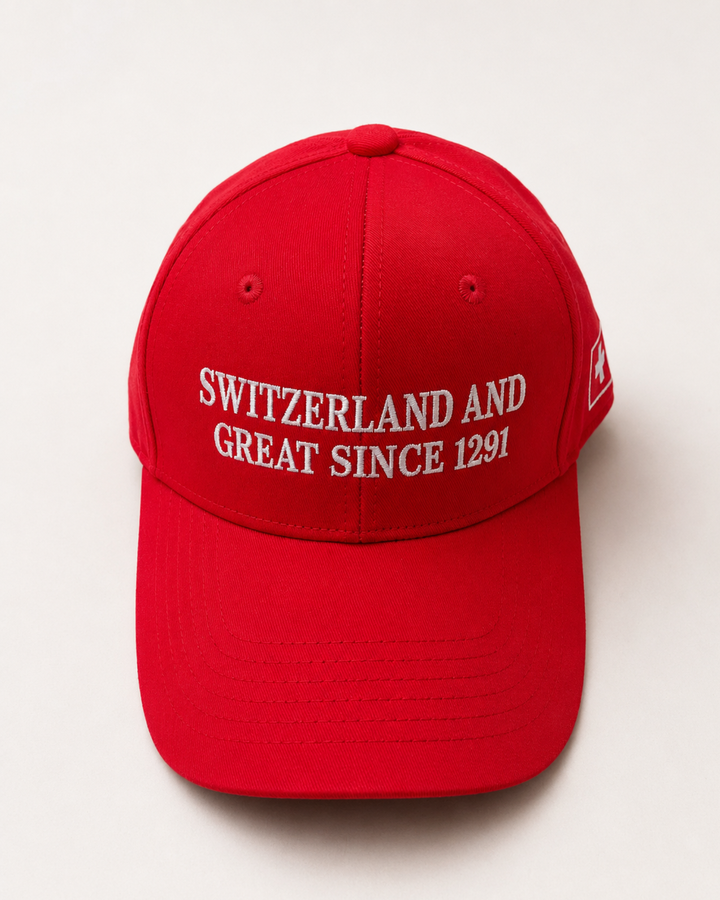 Guy Parmelin Cap im roten Swiss Design | Rote Schweiz Cap mit gesticktem Schriftzug und Schweizer Flagge
