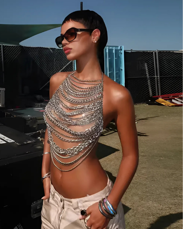Damen Kettentop silber mit Rave Warrior Style | Festival Look