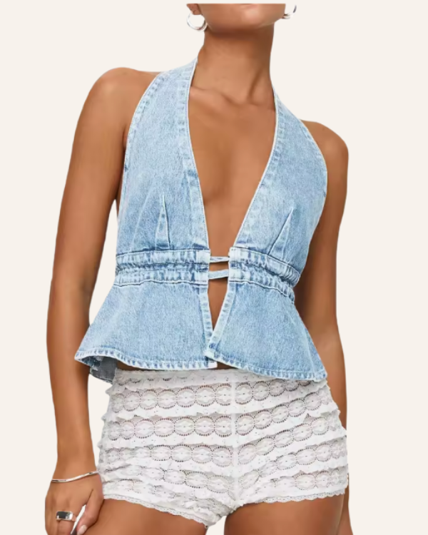 Denim Haltertop mit Peplum-Saum Damen - Jeans Top mit Ausschnitt 