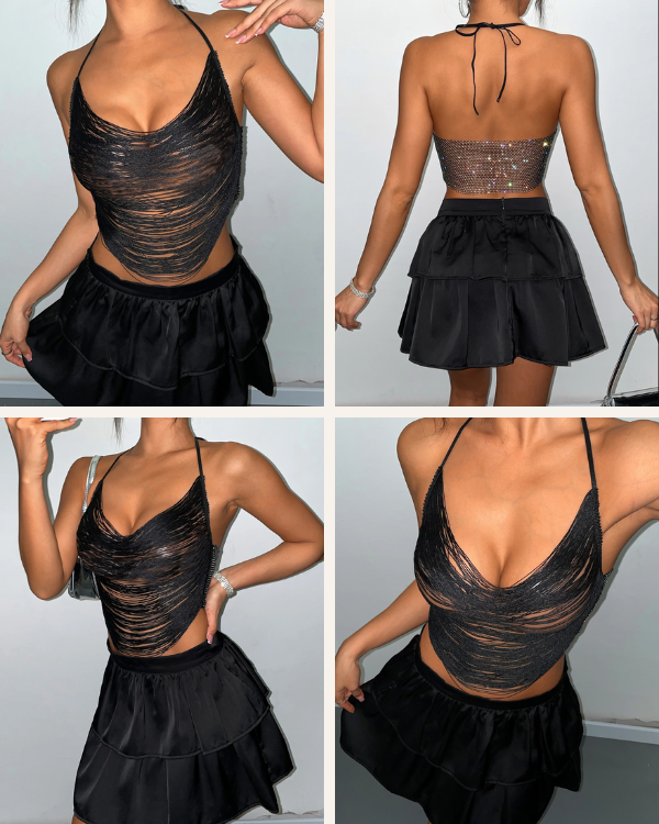Sexy Rave Outfit Damen schwarz mit Ketten