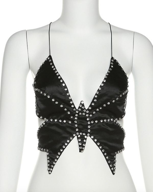 schwarzes Schmetterling Top mit silbernen Glitzersteinen - Top mit Fäden zum binden an der Rückseite 