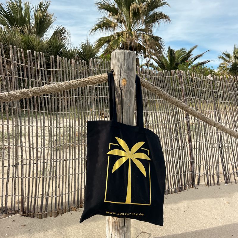 Schwarze Baumwolle Tragetasche, Einkaufstasche, Tote Bag mit goldenem Palmen Motiv 