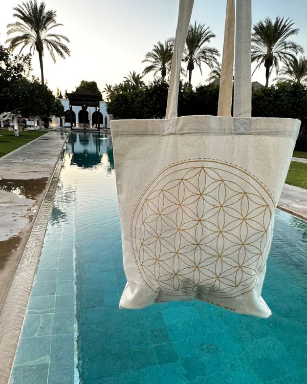 Organic Tote Bag mit Flower of Life Aufdruck - Nachhaltige Einkaufstasche aus Baumwolle und mit Lebensblume Aufdruck 