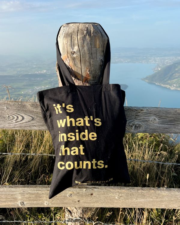 Baumwolle Einkaufstasche - Organic Tote Bag in schwarz mit goldener Schrift und Lebensblume Symbol 