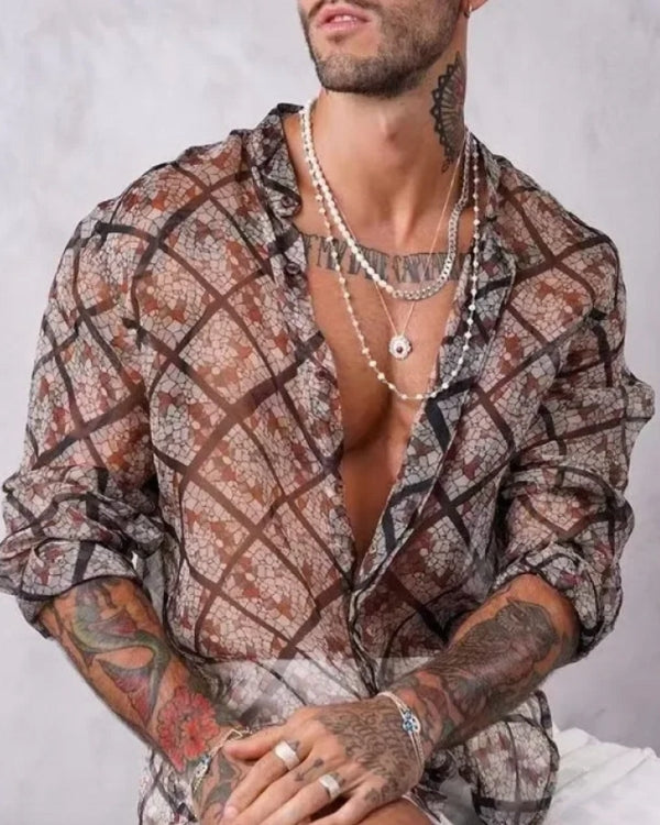 Trend Herren Hemd Bluse aus Mesh Stoff mit coolem Muster 