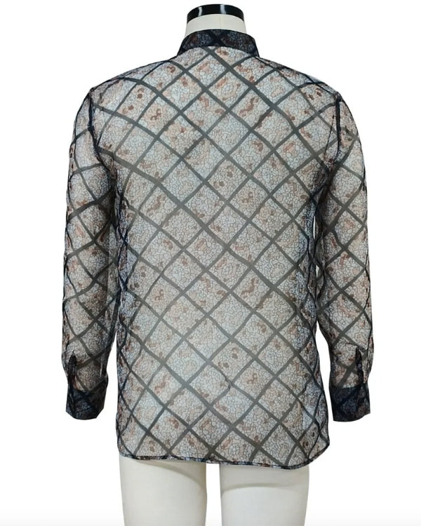 langarm Herren Hemd mit Muster - transparente Mesh Männer Bluse perfekt für Festivals 