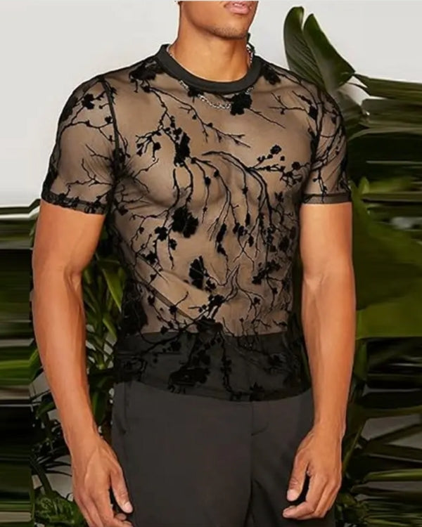 schwarzes transparentes Herren T-Shirt aus Mesh Stoff und mit Blumen Muster