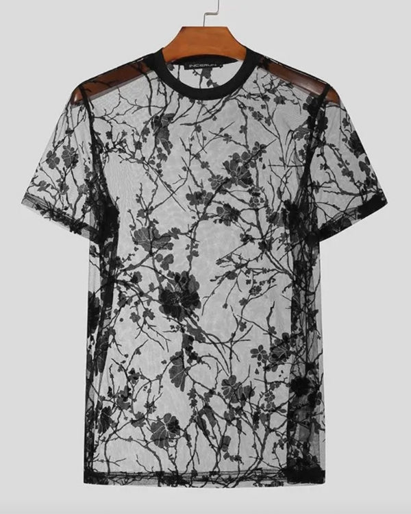 Transparentes Fetisch Mesh Herren Männer T-Shirt mit Muster 
