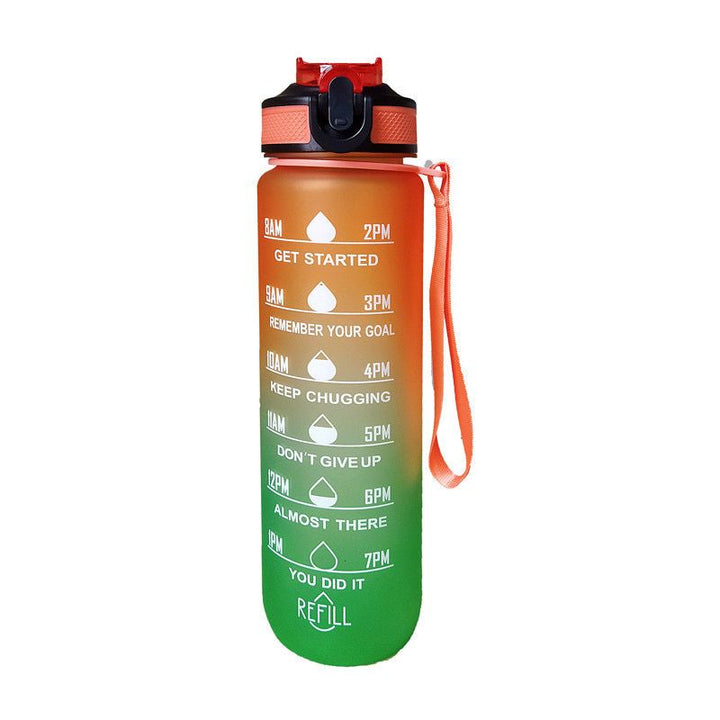 BPA-freie Wasserflasche mit Zeitmarkierungen - in roange-grün mit Trinkröhrchen 
