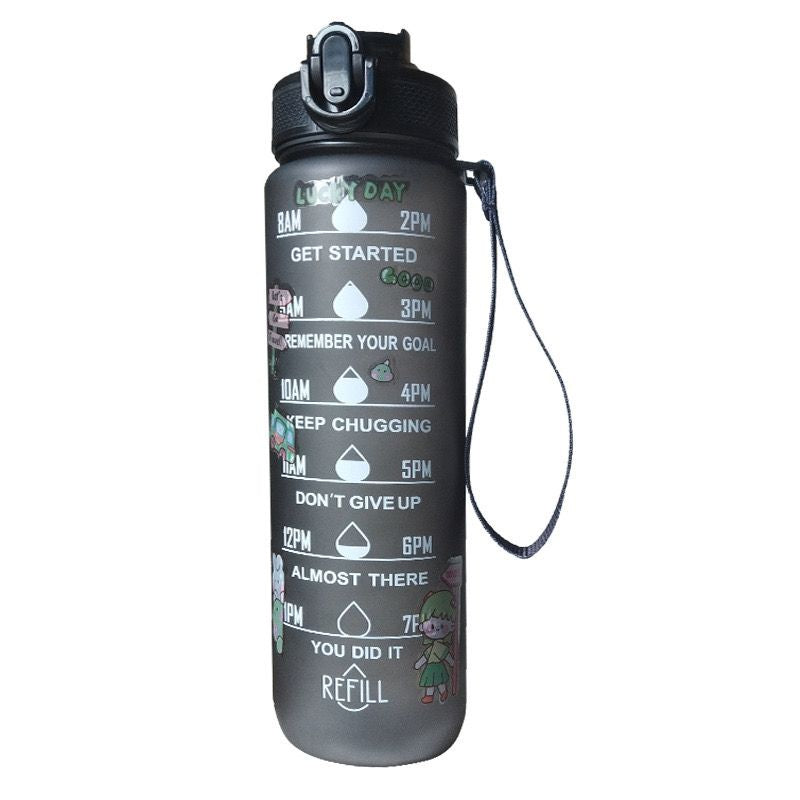 schwarze Trinkflasche mit Zeitmarkierung damit du nicht vergisst zu trinken