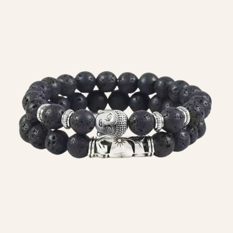 schwarzes Buddha Armband Set aus Vulkanstein - Spiritueller Modeschmuck