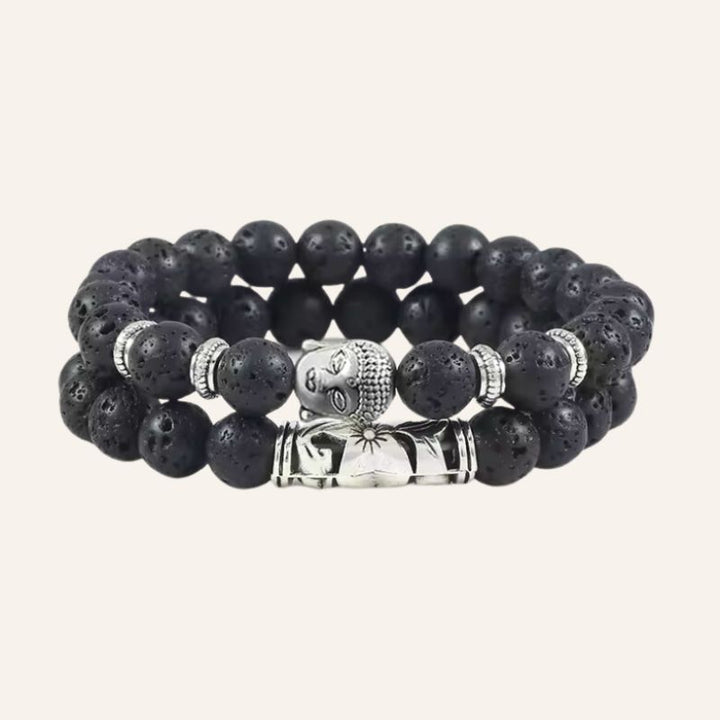 schwarzes Buddha Armband Set aus Vulkanstein - Spiritueller Modeschmuck