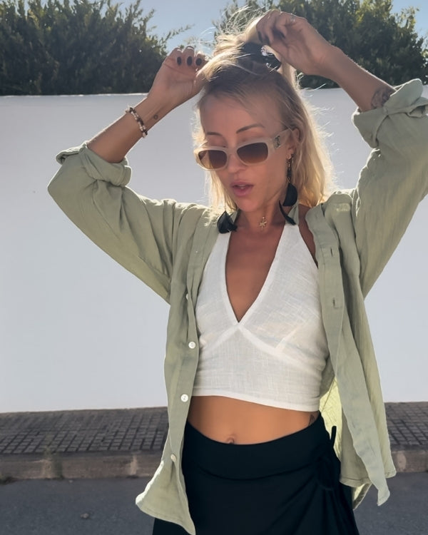 Stillvolles modernes Boho Baumwolle Hemd / Bluse im Oversize Look aus Musselin Baumwolle 