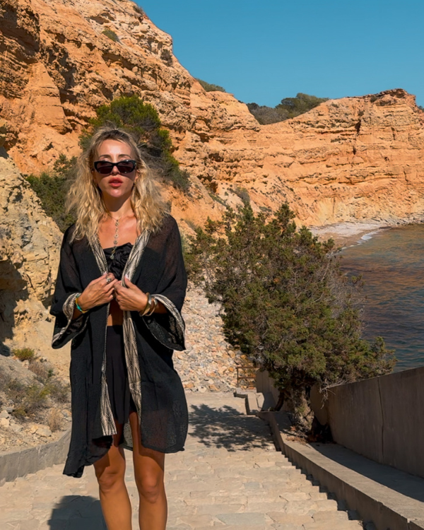 Boho Strand Kimono transparent schwarz