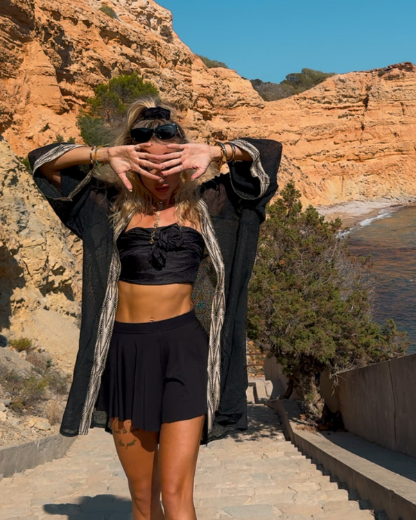 Stillvoller Boho Festival Kimono aus schwarzem Netzstoff 