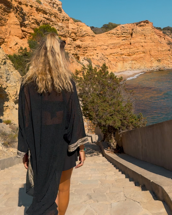 schwarzer Netz Kimono mittellang mit Zierrand 