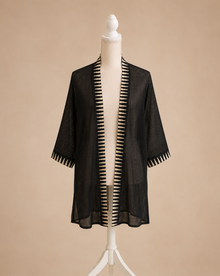 Stillvoller Boho Festival Kimono aus schwarzem Netzstoff 