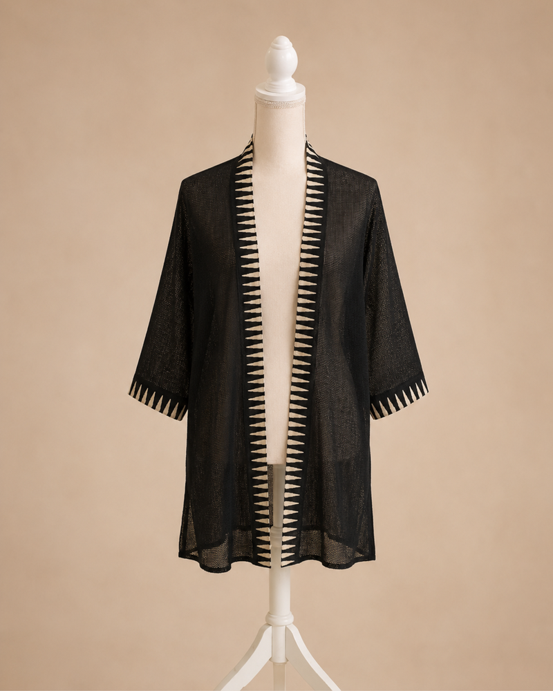 Stillvoller Boho Festival Kimono aus schwarzem Netzstoff 