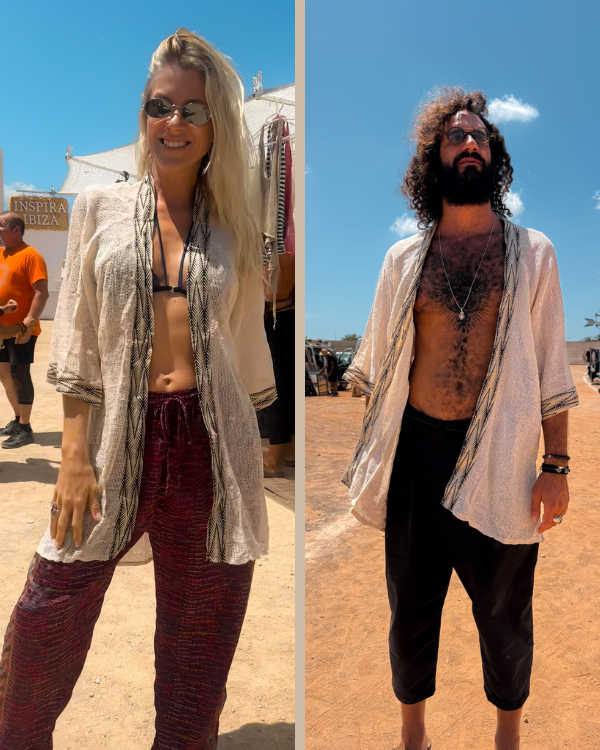 Beige Unisex Kimono aus Netzstoff und mit schönem Boho Rand - Kimono für Herren und Damen 