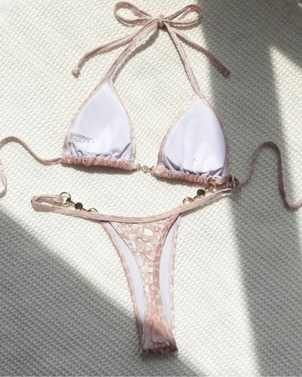 Hell Rosa Velvet Samt Bikini mit Triangel und Brazilian String Tanga 