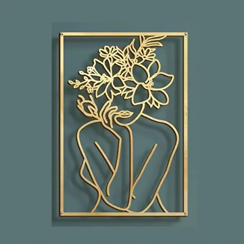 Goldene Wandbehang Frauen Damen Umriss Silhoutte mit Blumen im Gesicht - Abstrakte Kunst für an die Wand 