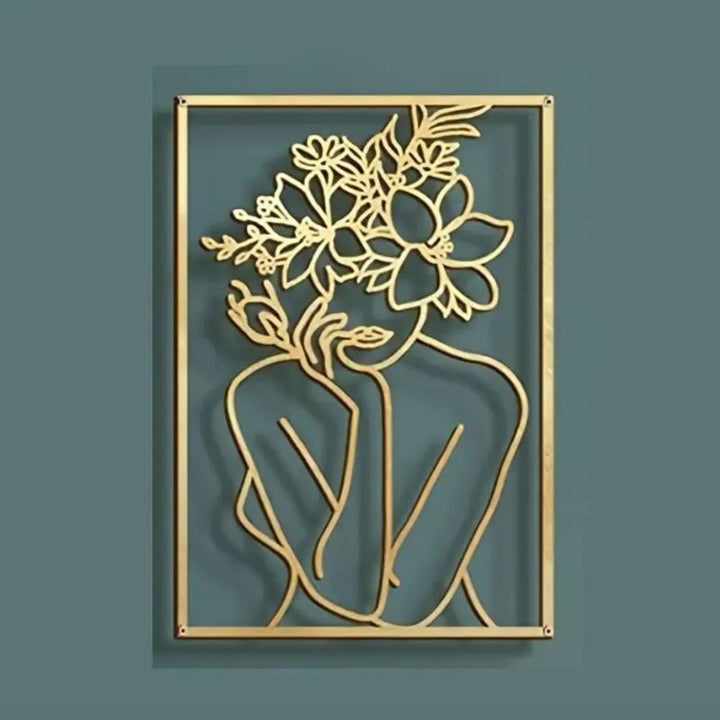 Goldene Wandbehang Frauen Damen Umriss Silhoutte mit Blumen im Gesicht - Abstrakte Kunst für an die Wand 