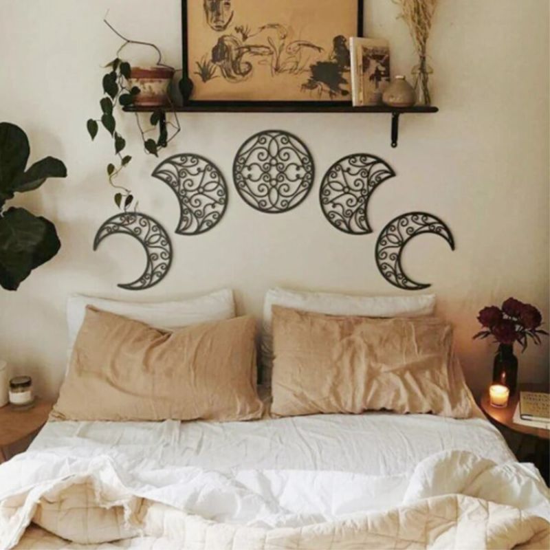 schwarze Mondphasen Kreise für an die Wand - Wandbehang Wanddekoration aus Mond Symbolen im Boho Style 