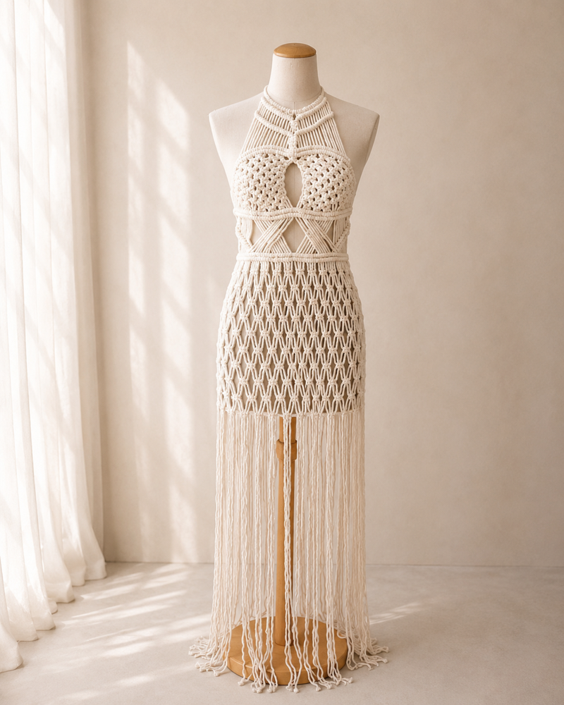 Hochwertiges Makramee Kleid in weiss | handgemacht aus Bali 