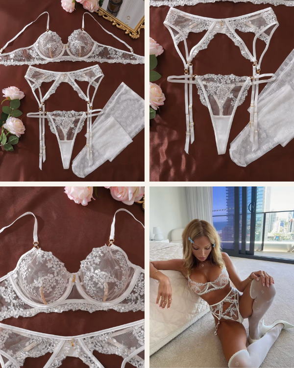 Elegante Hochzeitsdessous | Weiss mit Strümpfen und Strapsen Halterung 