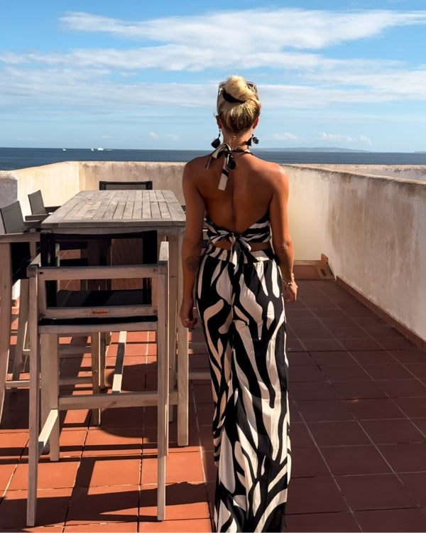 Zebra Boho Chic Hose Damen - lange, weite, lockere Hose mit Zebra Muster in creme-schwarz 