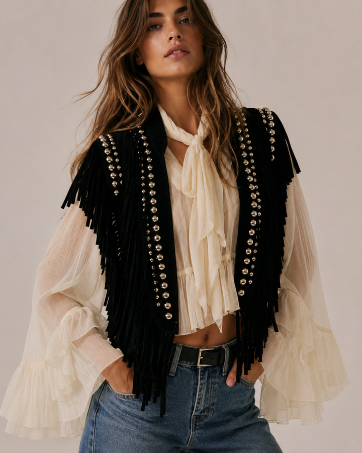 Schwarze Fransenweste Damen | Boho Fransen Gilet