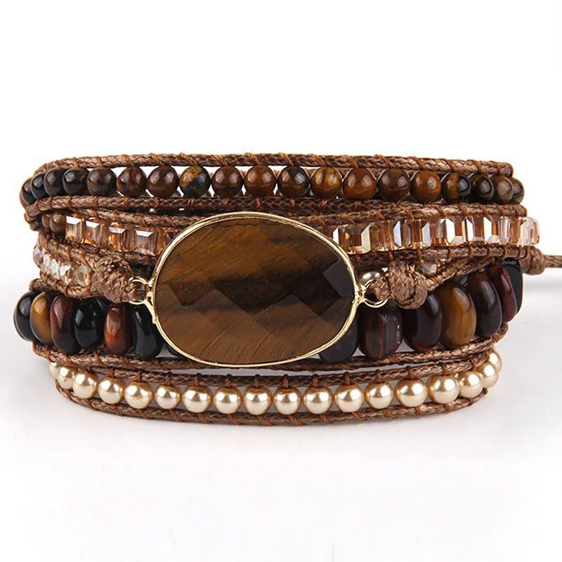 Braunes Wickelarmband im Boho Look mit braunem Mineralstein Edelstein und Perlen