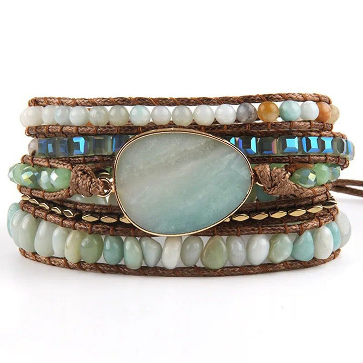 Hellblaues braunes Wickelarmband mit Mineralstein, Edelstein - Kraftvolles Hippie Style Armband 