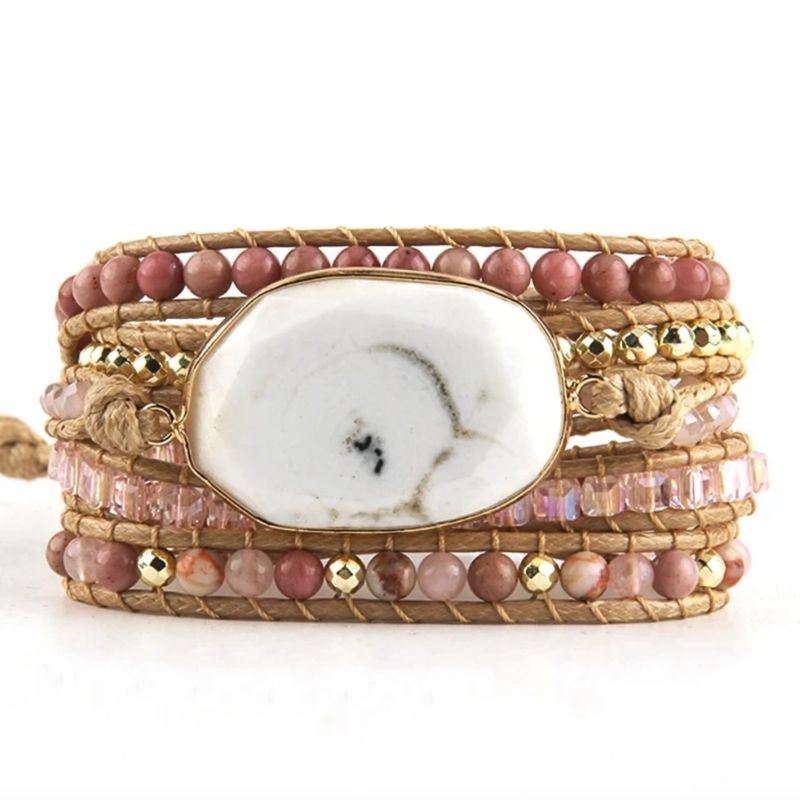 Schönes Wickelarmband in rosa-braun mit weissem Stein - Boho Chic Modeschmuck Wickelarmband 