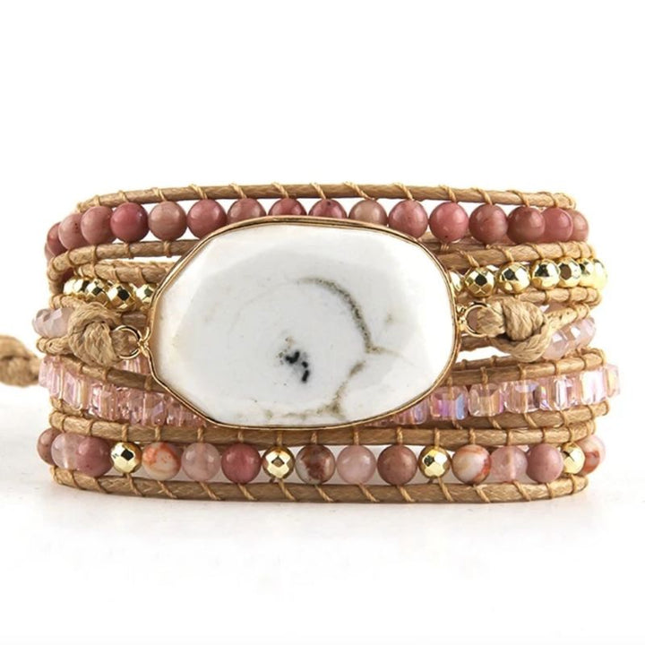Schönes Wickelarmband in rosa-braun mit weissem Stein - Boho Chic Modeschmuck Wickelarmband 