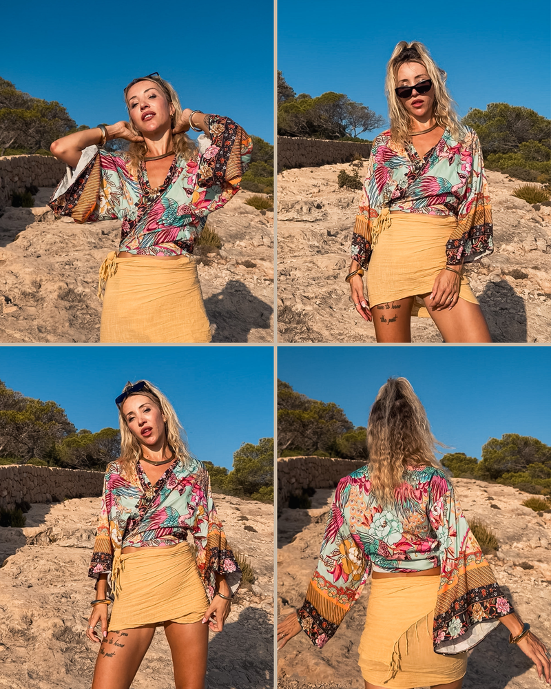 Sommer Wickelbluse farbig Damen | Damen Wickelbluse mit exotischem Print