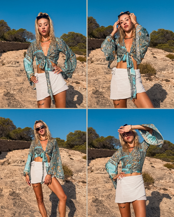 Damen Boho Oberteil zum Binden | Trompetenärmel Bluse in blau türkis 