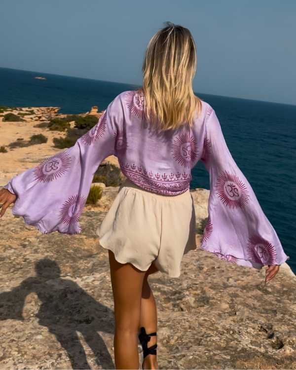 Bohemian Fashion Damen Violett Wickelbluse Trompetenärmel