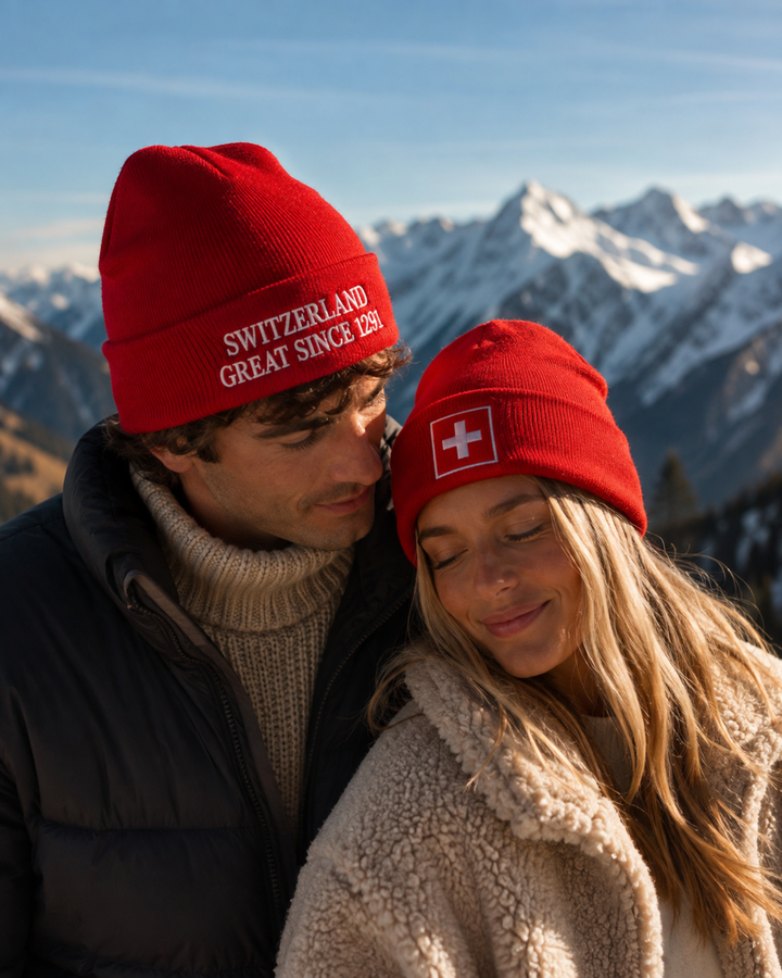 Rote Schweiz Beanie Switzerland Great Since 1291 für Damen und Herren