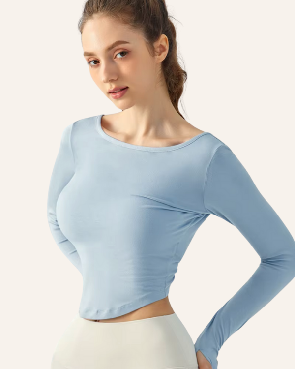 Aktives Trainingstop mit Rückenausschnitt - hellblaues Sport Yoga Damen Shirt 