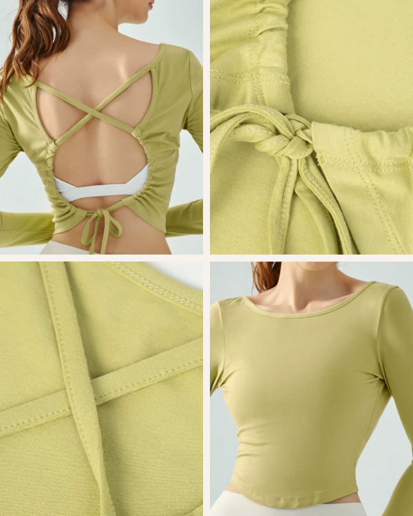 Figurbetontes Langarmtop mit Cut-Out | hellgrünes Yoga Shirt