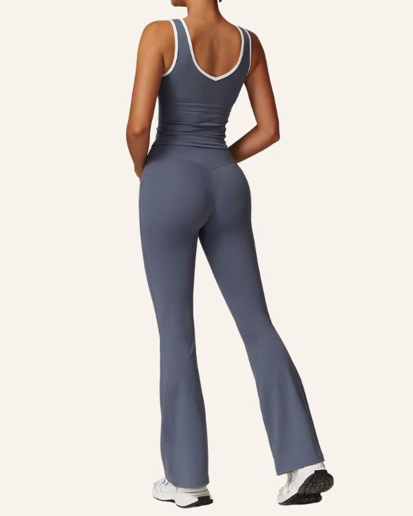 Blaues Damen Sportoutfit mit V-Ausschnitt-Top und Flare Leggings 