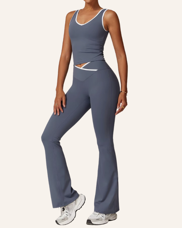Damen Trainingsset mit weiten Sporthosen Leggings - Blaues Gym Bekleidungsset 