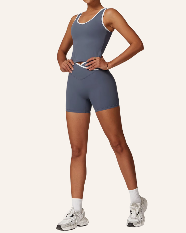 Bequemes Workout-Set mit kurzer Hose - Damen itness Set aus Shorts und Top in blau