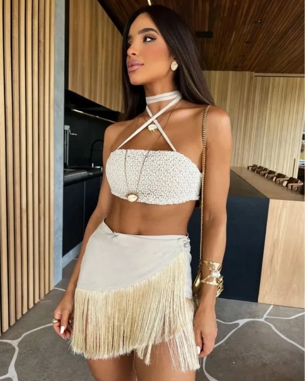 Bohemian Zweiteiler Set in beige mit Rock und Top für heisse Tage