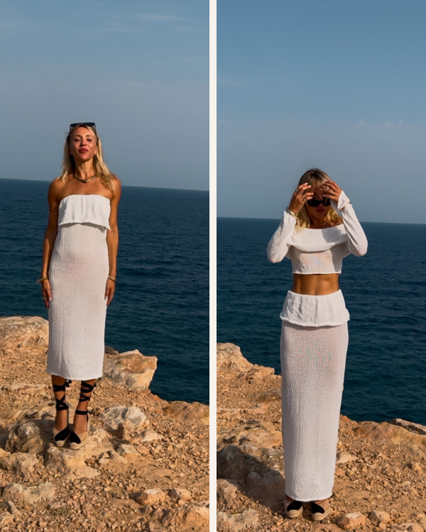 Zweiteiler Set Damen aus langem Rock und Schulterfreiem Top in weiss - Rock auch als Kleid 